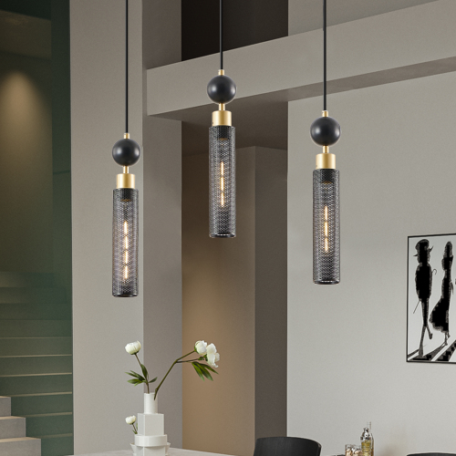 24" Modern Industrial Multi-Light Pendant Chandelier - 9-Light Black and Gold Adjustable Ceiling Light Fixture with Mesh Cylinder Shades for Living Room, Dining Room, or Staircase (Bulb Not Included)、、eastwooduniform