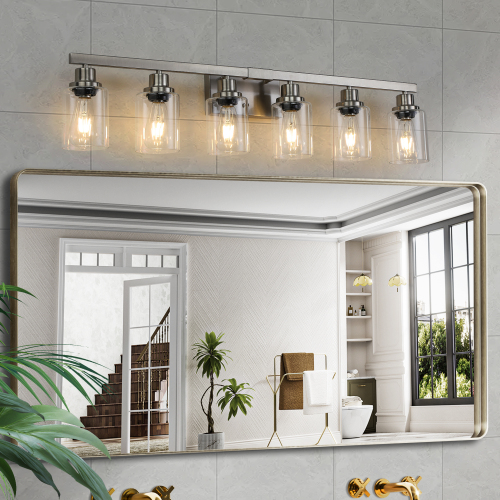 24" Modern 4-Light Bathroom Vanity Light Fixture - Brushed Nickel Finish with Clear Glass Shades, Perfect for Bathroom, Vanity, and Dressing Area Lighting (No Bulbs)、、eastwooduniform