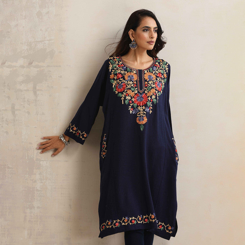 Woolen Kurta For Women | Floral Embroidered | Blue、mySite、camillekostekn