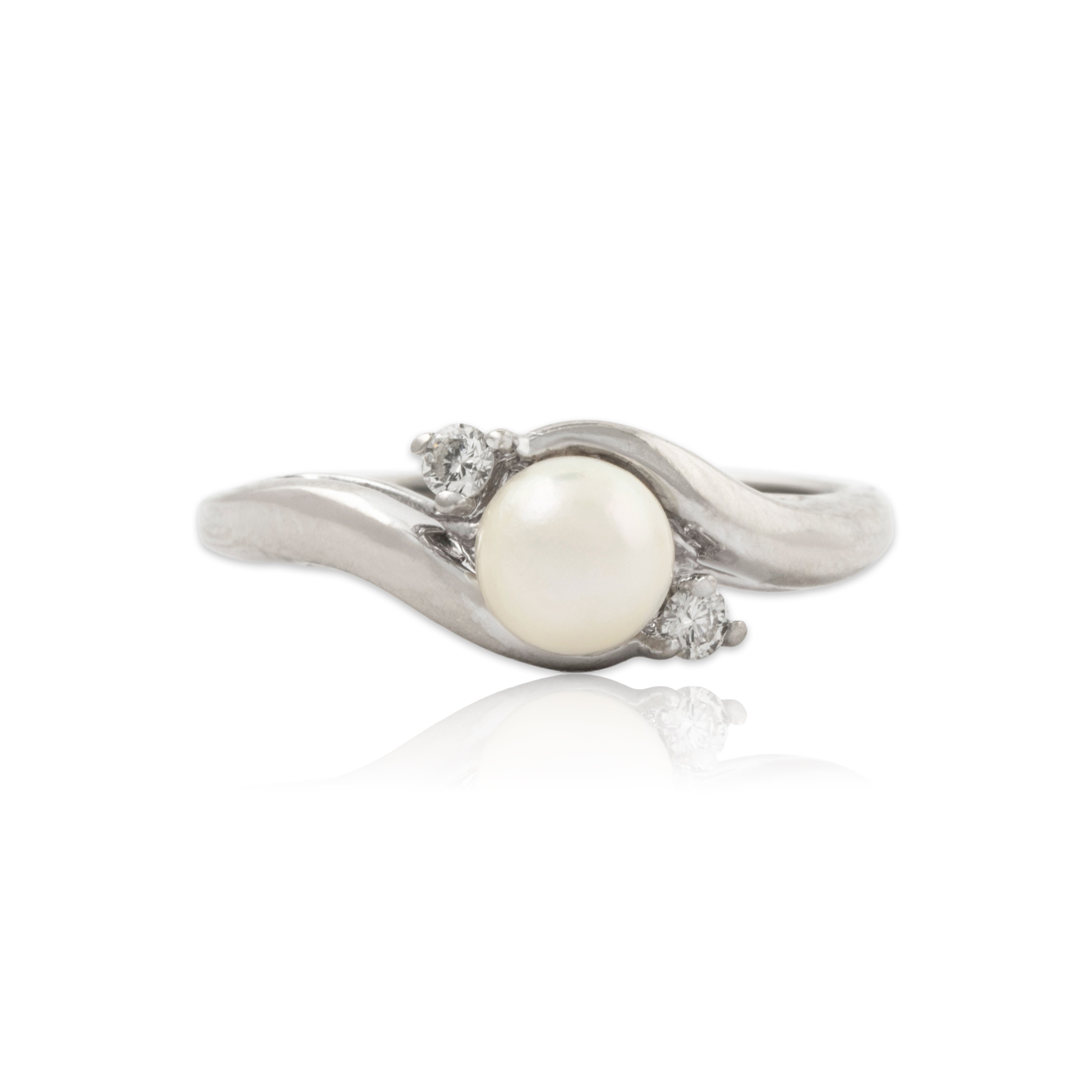 Vintage 14k White Gold Pearl Diamond Lustrous Bypass Ring 6.00、mySite、hinf8tx79