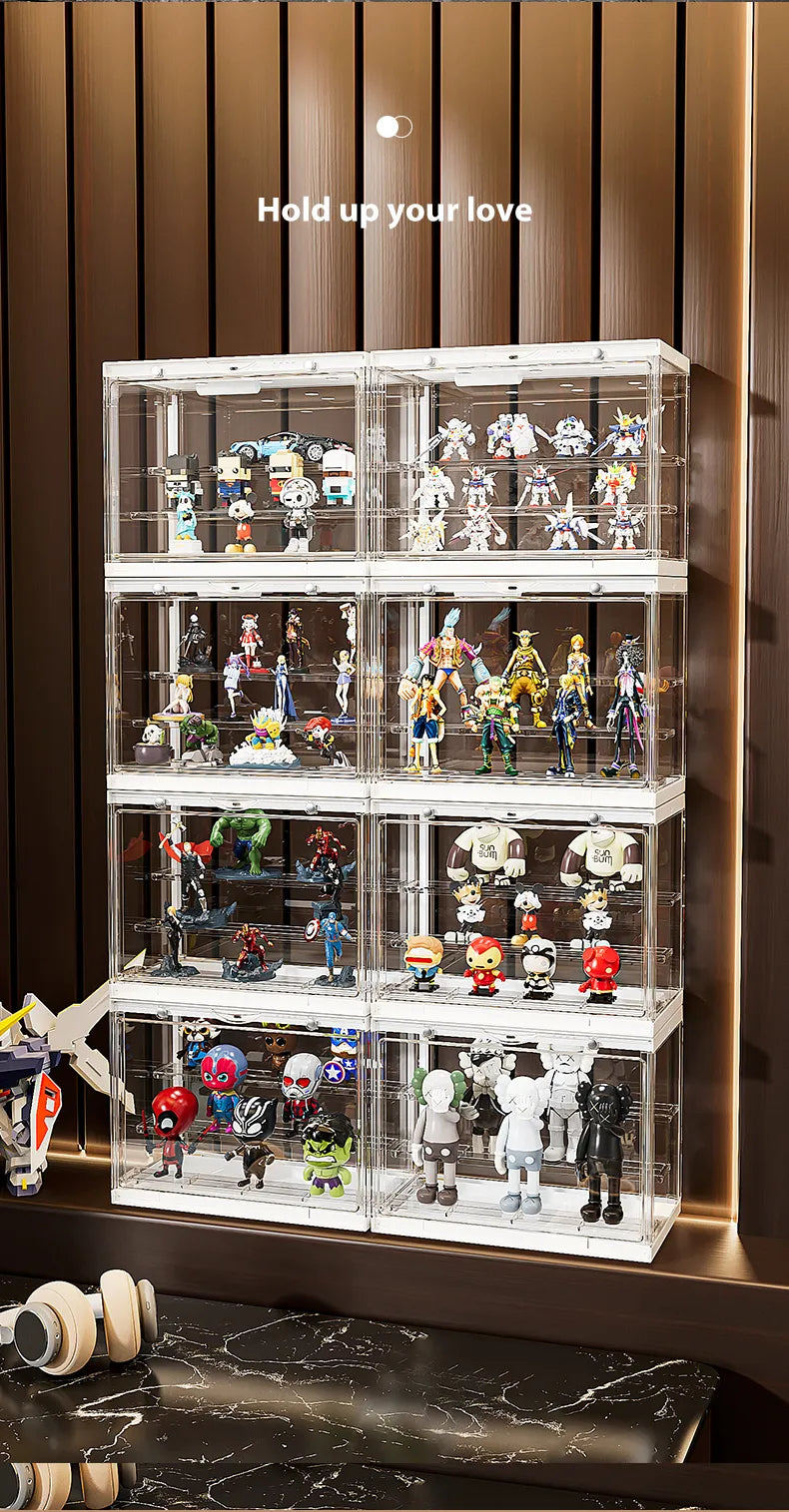 Display box collection showcasing figures with clear visibility in a home setting.