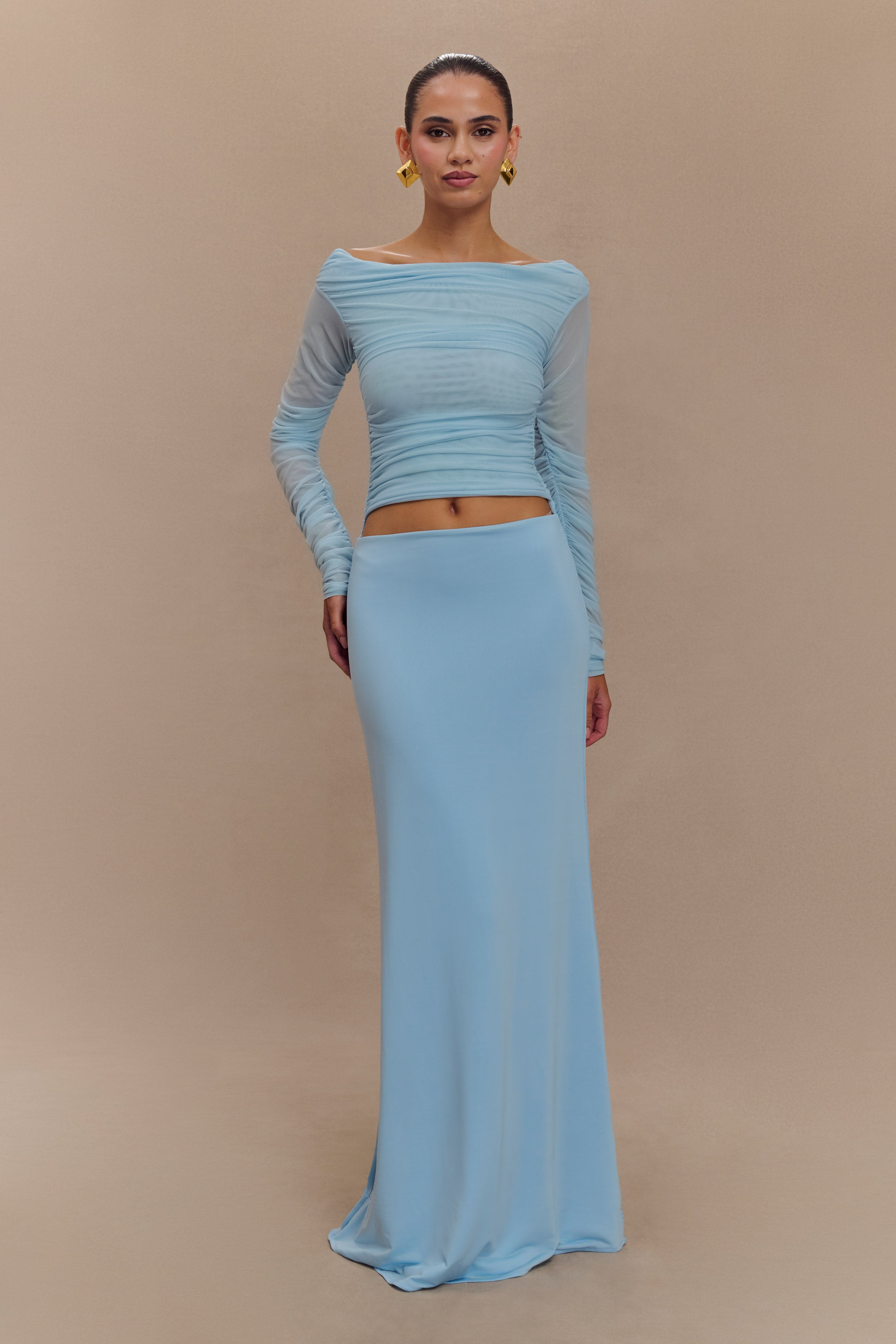 Darla Mesh And Slinky Off Shoulder Maxi Dress - Sky Blue、mySite、solidvoid