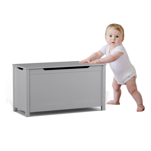 Kids Wooden Toy Box Storage with Safety Hinged Lid for Ages 2+ (White)、、casual