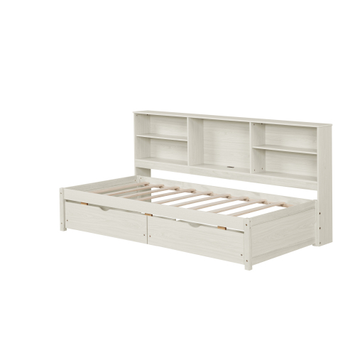 Twin Size Bed Frame With Side Bookshelves, Two Drawers, And Built-in USB Port For Natural Color、、xpatfood