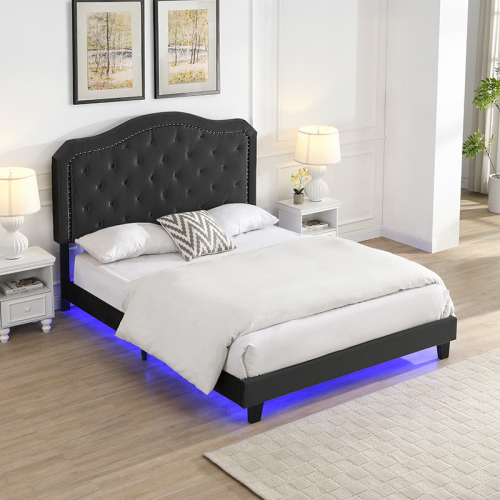 King Size Upholstered Platform Bed Frame with Button Tufted Linen Fabric Headboard, No Box Spring Needed, Wood Slat Support, Easy Assembly, Gray、、casual