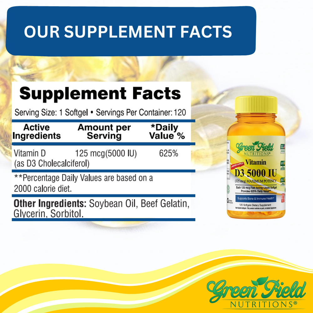 Greenfield Nutritions - Halal Vitamin D3 5000 IU - Immunity and Bone Supports - 120 Softgels - Halal Beef Gelatin、mySite、topwebapps