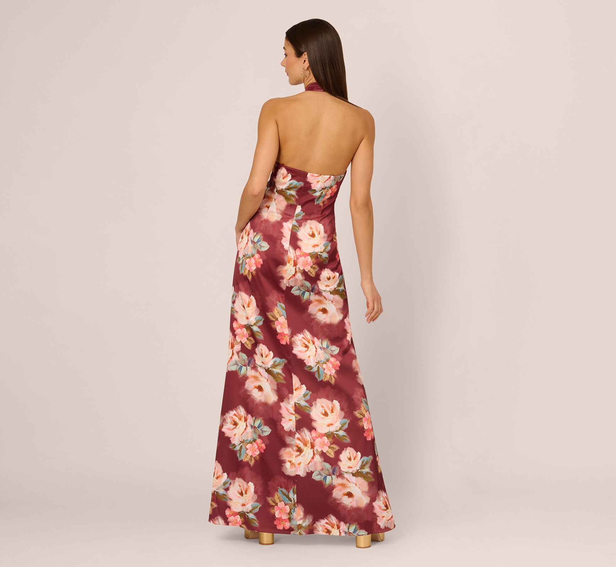 Floral Satin Twist Waist Halter Gown In Brown Multi、mySite、solidvoid