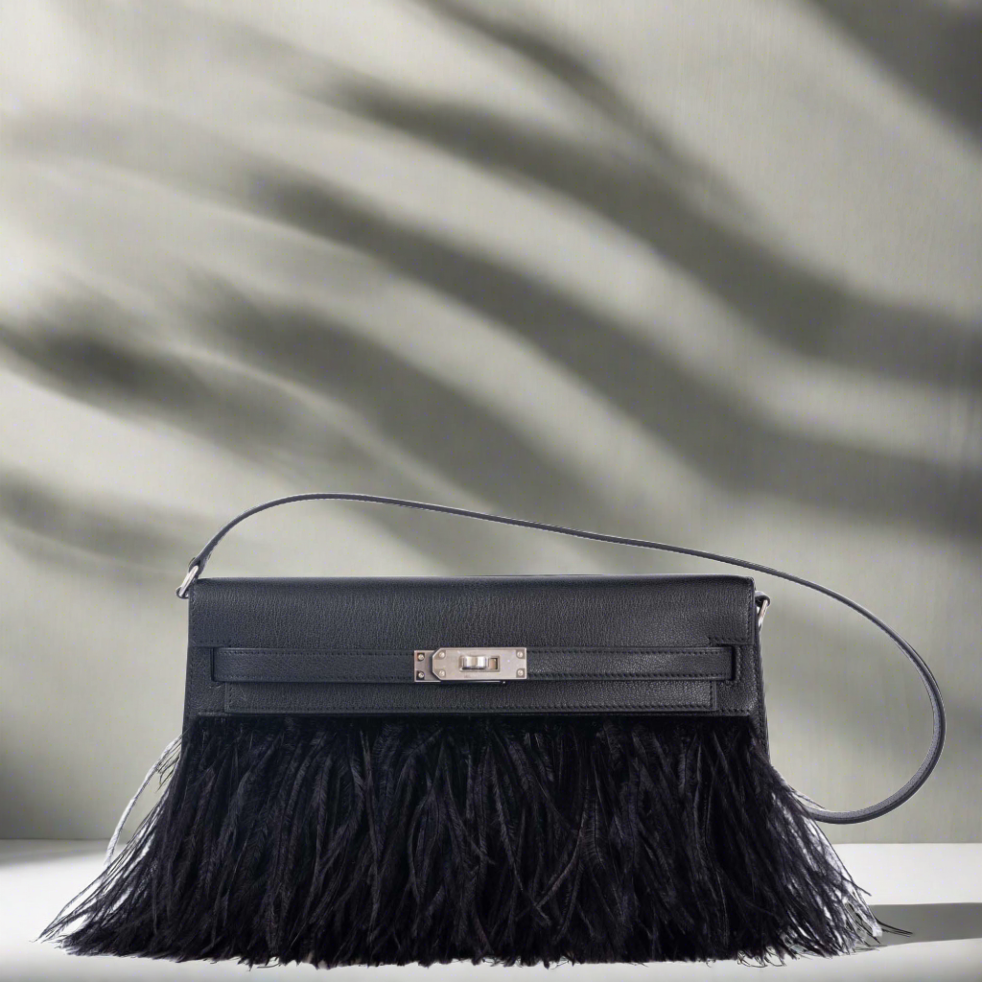 Hermès Feather Kelly Elan Black Chevre and Ostrich Feathers Palladium Hardware、mySite、garminoutage.com