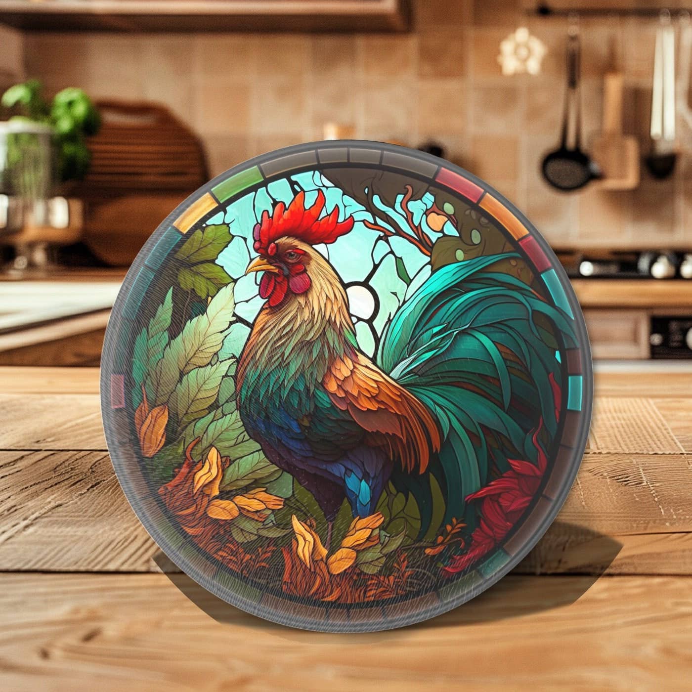 Rooster Tempered Glass Cutting & Serving Board Colorful Stained Glass Look、mySite、g9winljtr
