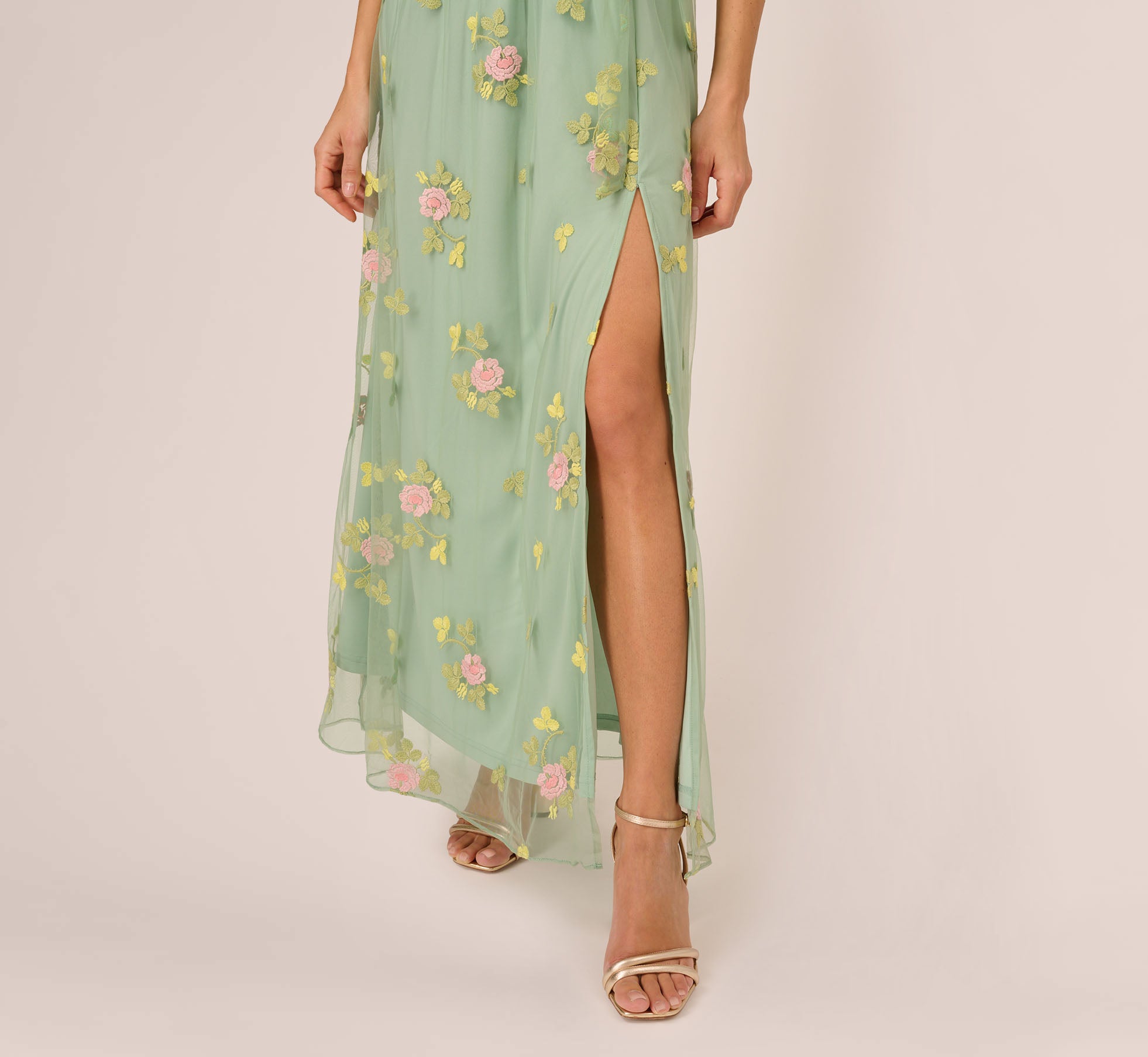 Floral Embroidered Maxi Dress With Sheer Flutter Sleeves In Sage Multi、mySite、solidvoid