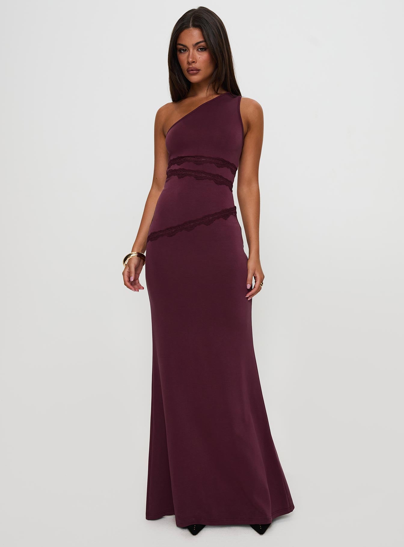 Ultraviolet One Shoulder Lace Maxi Dress Wine、mySite、solidvoid