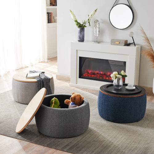 Round Storage Ottoman, 2 in 1 Function, Work as End table and Ottoman, Navy (25.5"x25.5"x14.5")、、casual