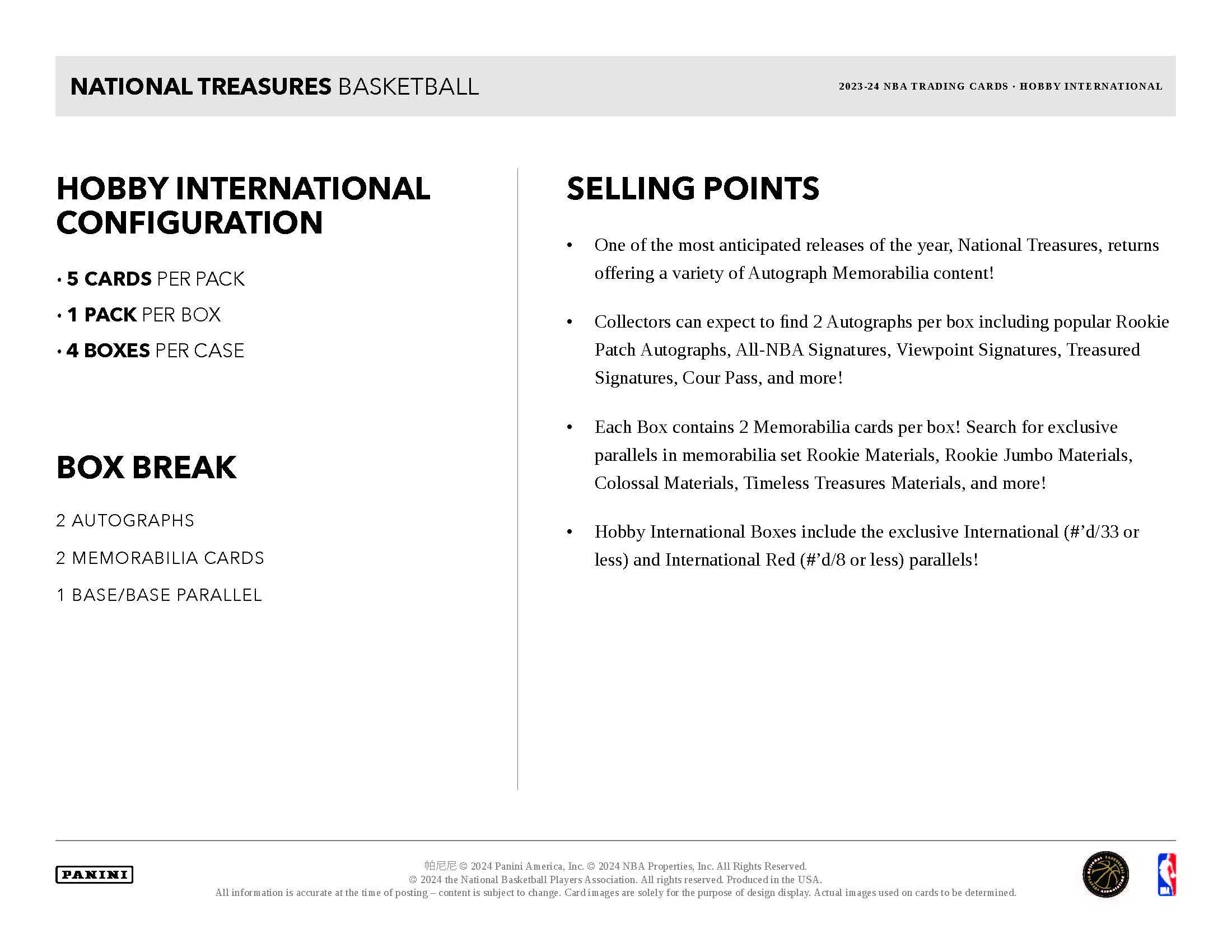 Panini National Treasures NBA Basketball 2023/24 - International Hobby Box、mySite、waistdrama