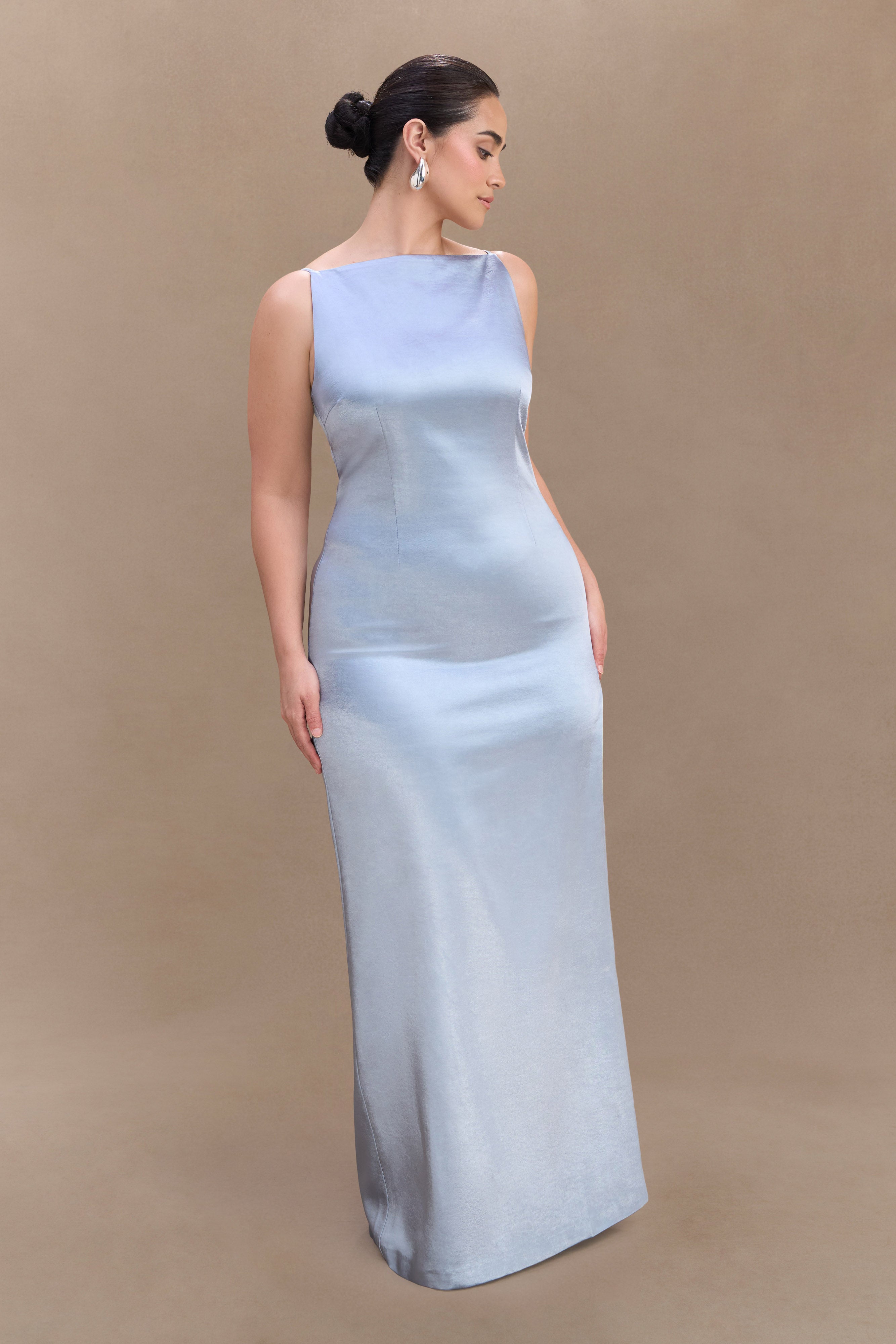 Violet Sleeveless Satin Maxi Dress - Frosted Blue、mySite、solidvoid