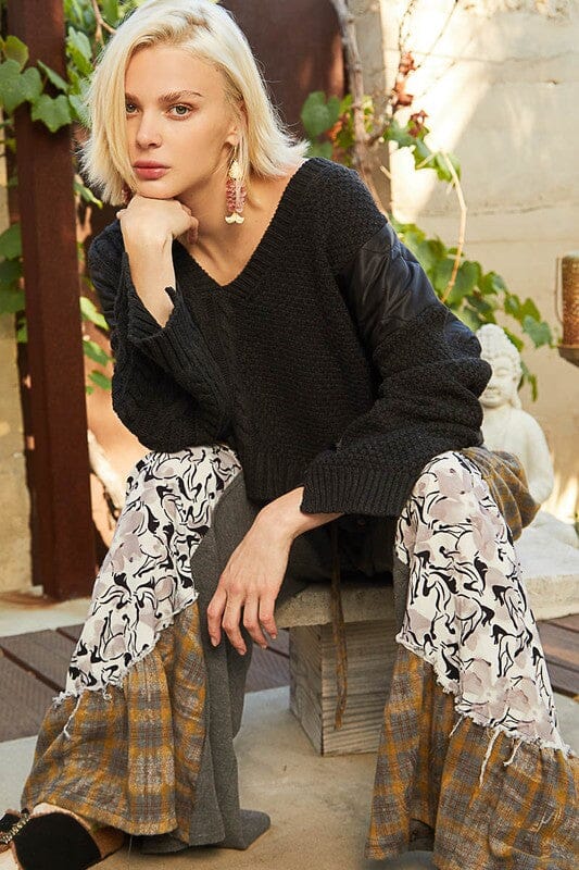 POL Cable Knit Quilting Patch V-Neck Sweater、mySite、camillekostekn