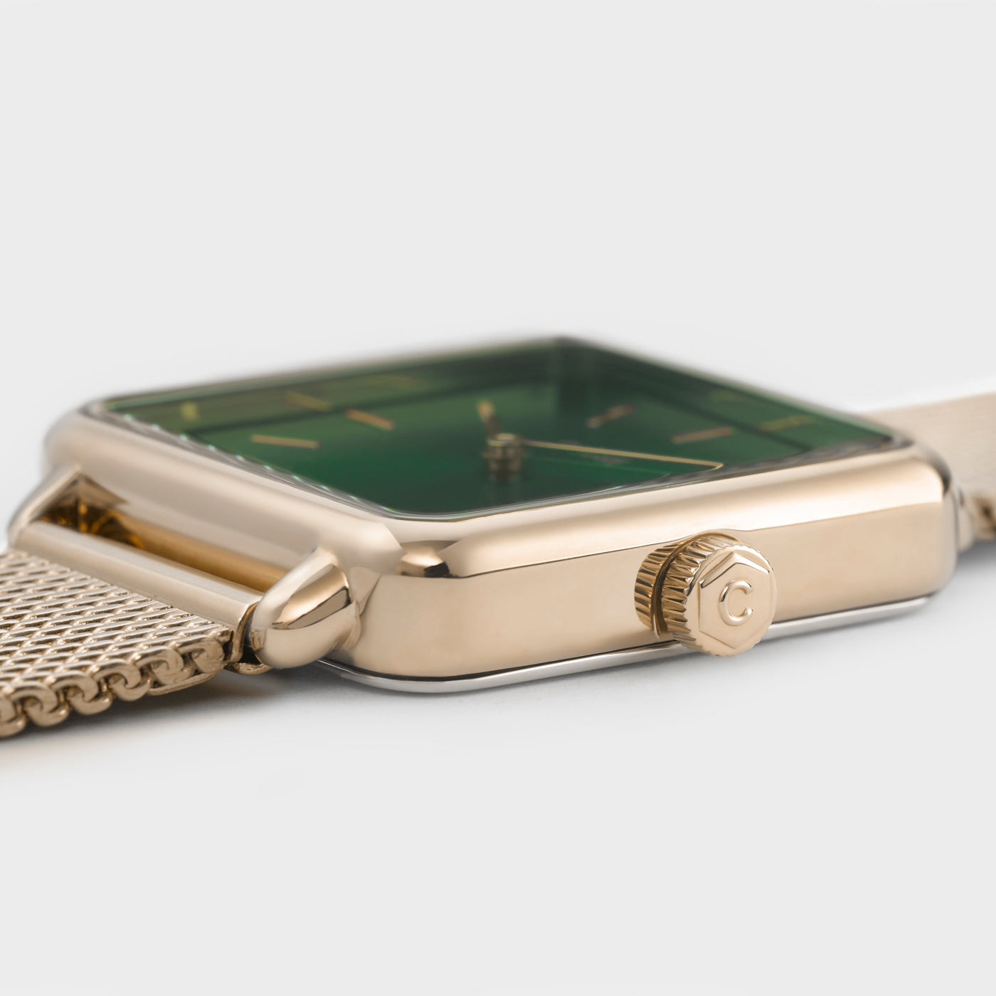  Giftbox La Tétragone Watch Mesh, Green & Chain Bracelet Daisy, Gold Colour