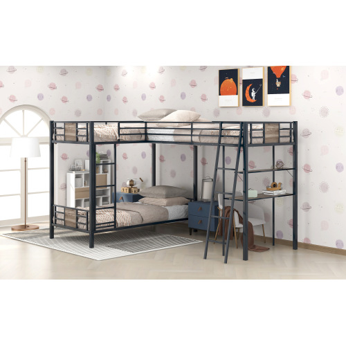L-Shaped Twin over Twin Bunk Bed with Twin Size Loft Bed with Desk and Shelf ,Brown、、casual