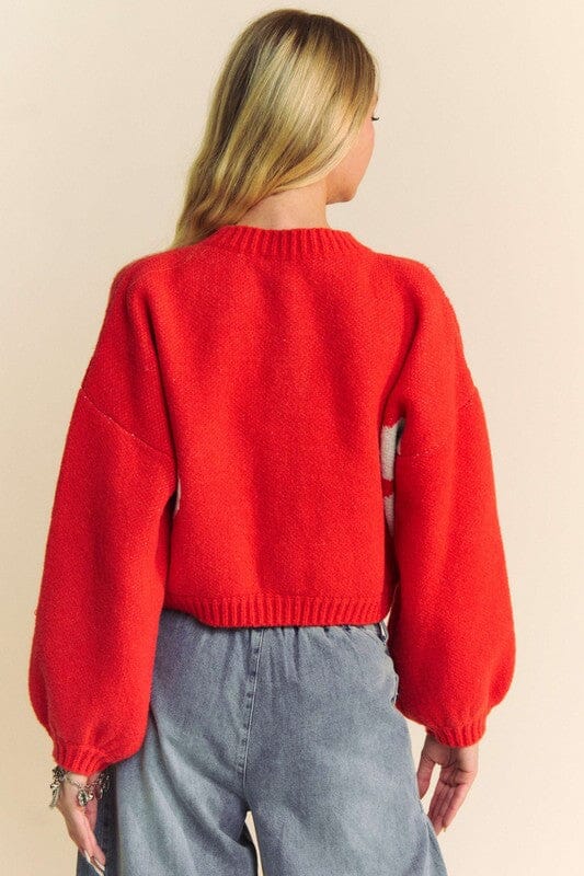 Davi & Dani Flower Contrast Round Neck Long Sleeve Cardigan、mySite、camillekostekn