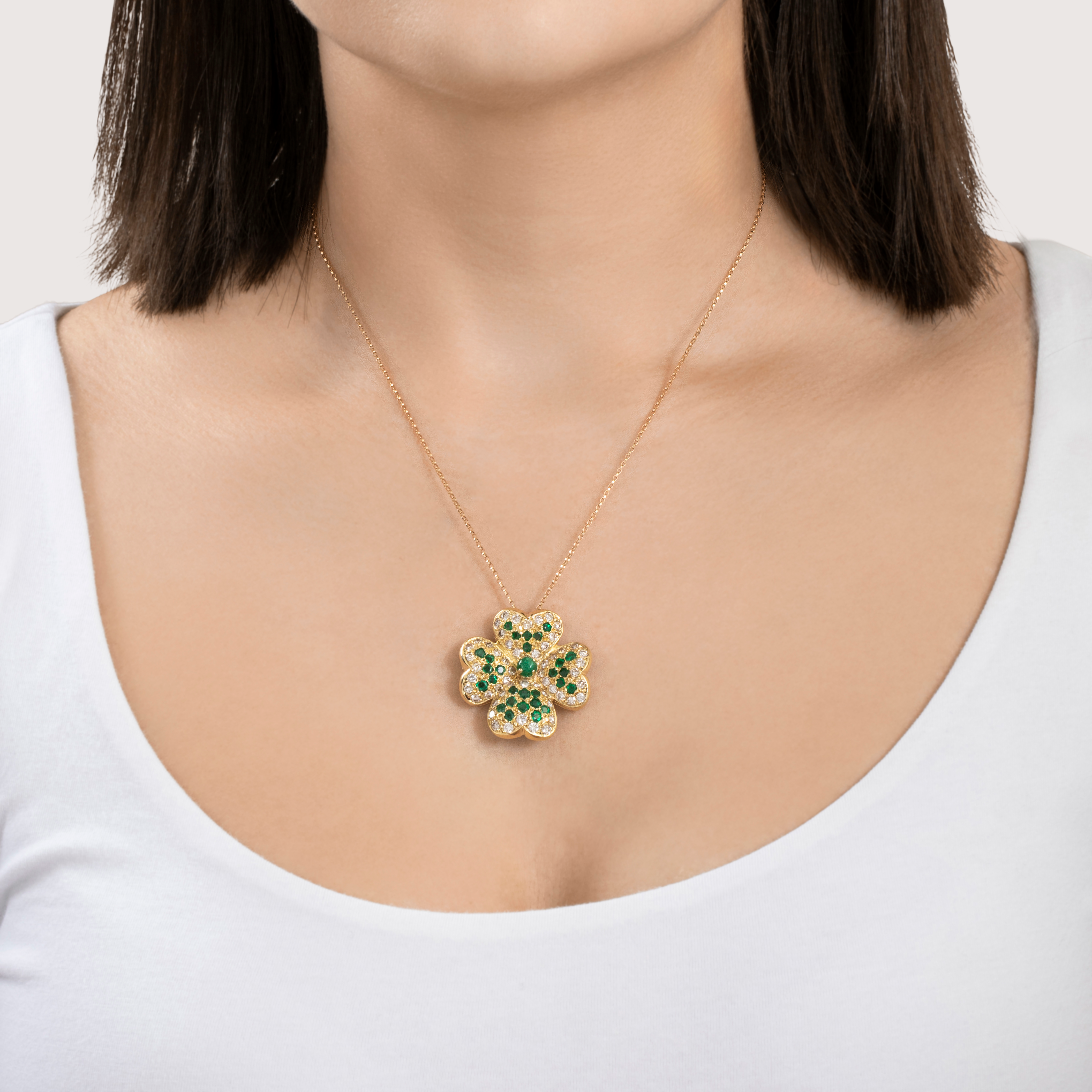 Vintage Large 14k Yellow Gold 1.81cttw Diamond 1.5cttw Emerald Clover Pendant、mySite、hinf8tx79