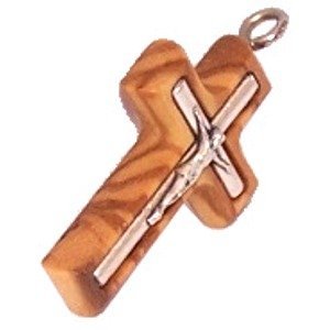  Olive wood Cross with Embedded pewter Crucifix - Latin (3cm - 1.2) - 5mm thick、mySite、elrpsem3k
