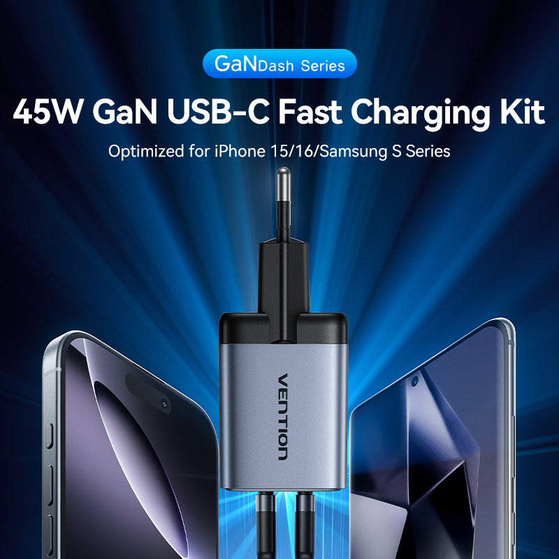Vention 2-Port USB (C + C) GaN Charger (45W/45W) Gray with USB-C to USB-C Cable (1M) Black EU-Plug、mySite、fannypackpong