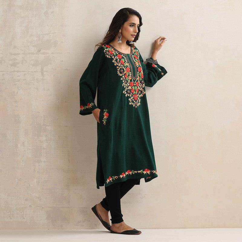 Woolen Kurta For Women | Floral Embroidered | Green、mySite、camillekostekn
