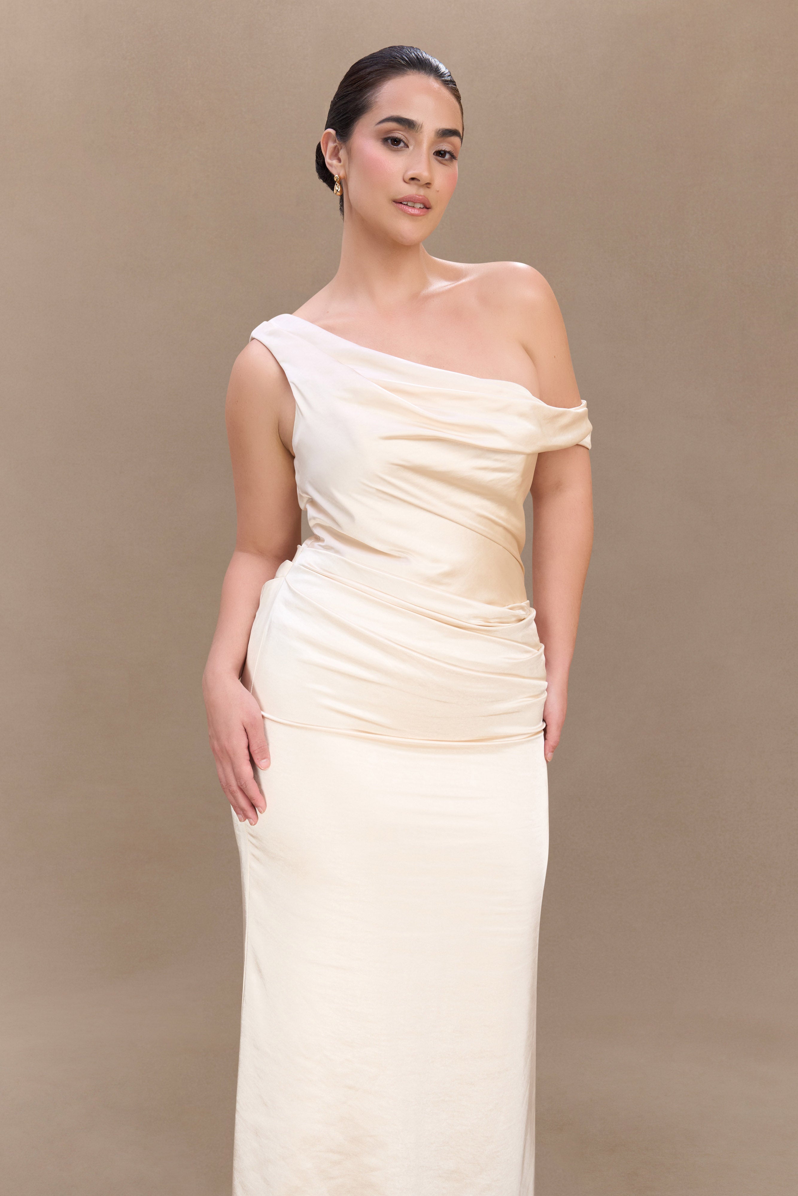 Dalia Off Shoulder Satin Maxi Dress - Blush Gold、mySite、solidvoid