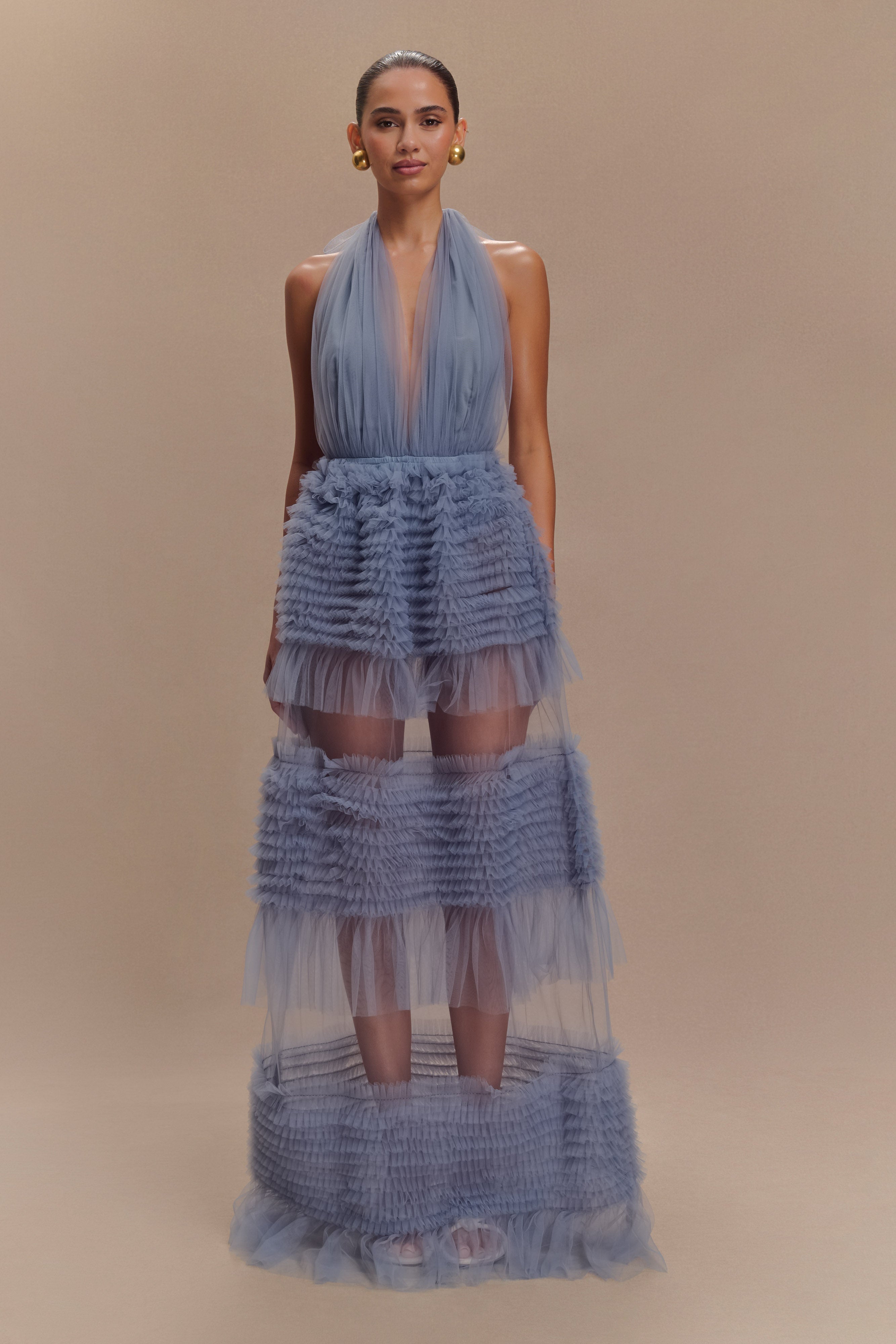 Minka Mesh Ruffle Halter Maxi Dress - Dusty Blue、mySite、solidvoid