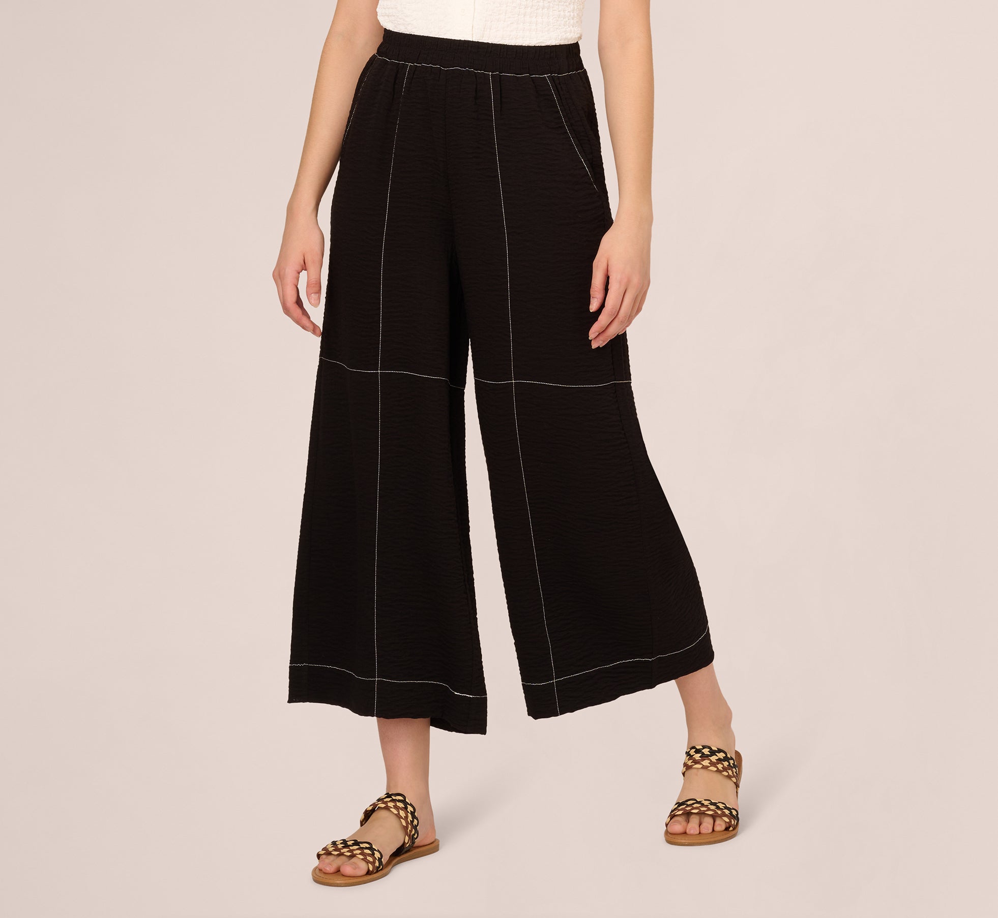 Contrast Stitching Crinkle Midi Pant In Black Ivory、mySite、solidvoid