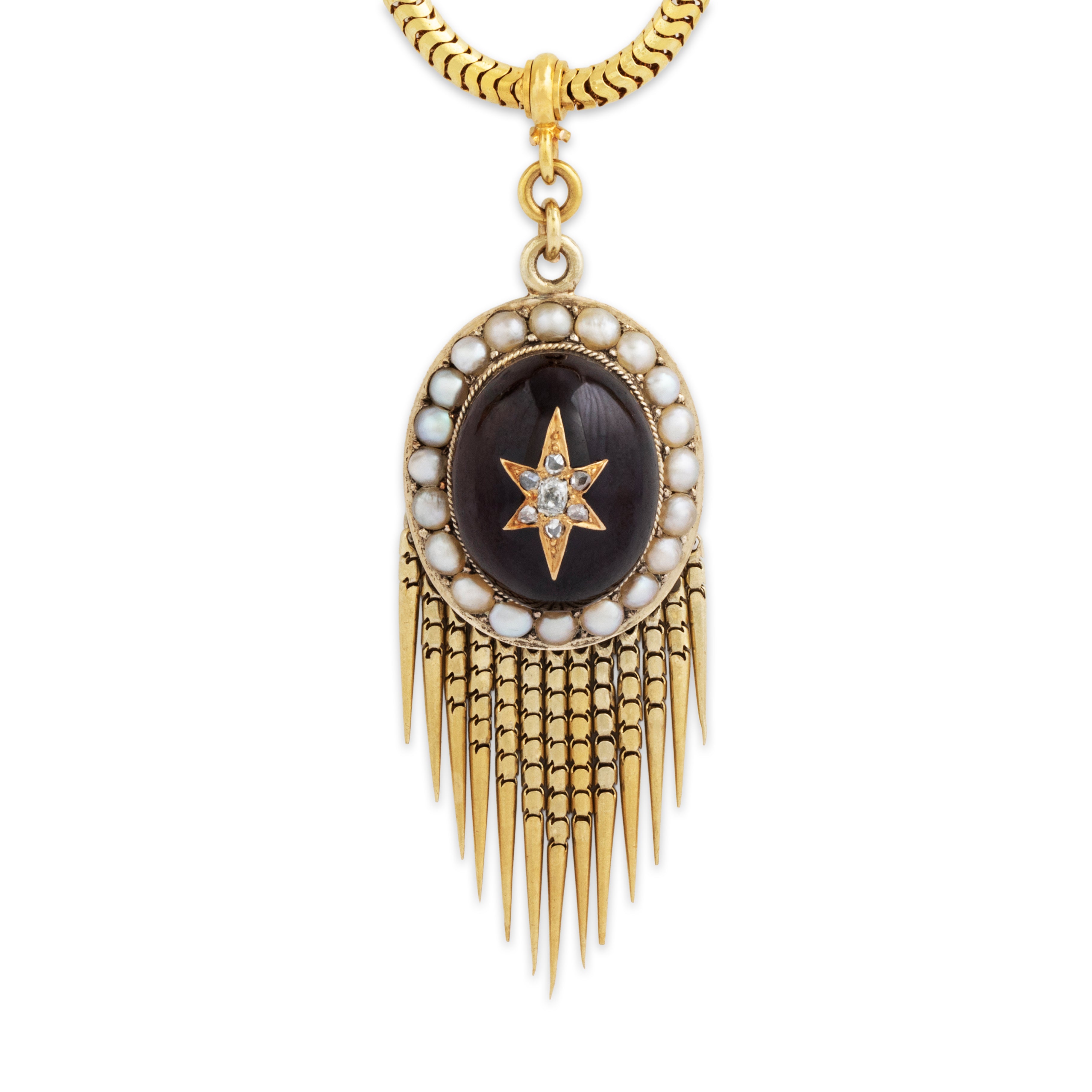 Antique 14k Yellow Gold Garnet Old Mine Diamond Pearl Superb Fringe Necklace 19、mySite、hinf8tx79