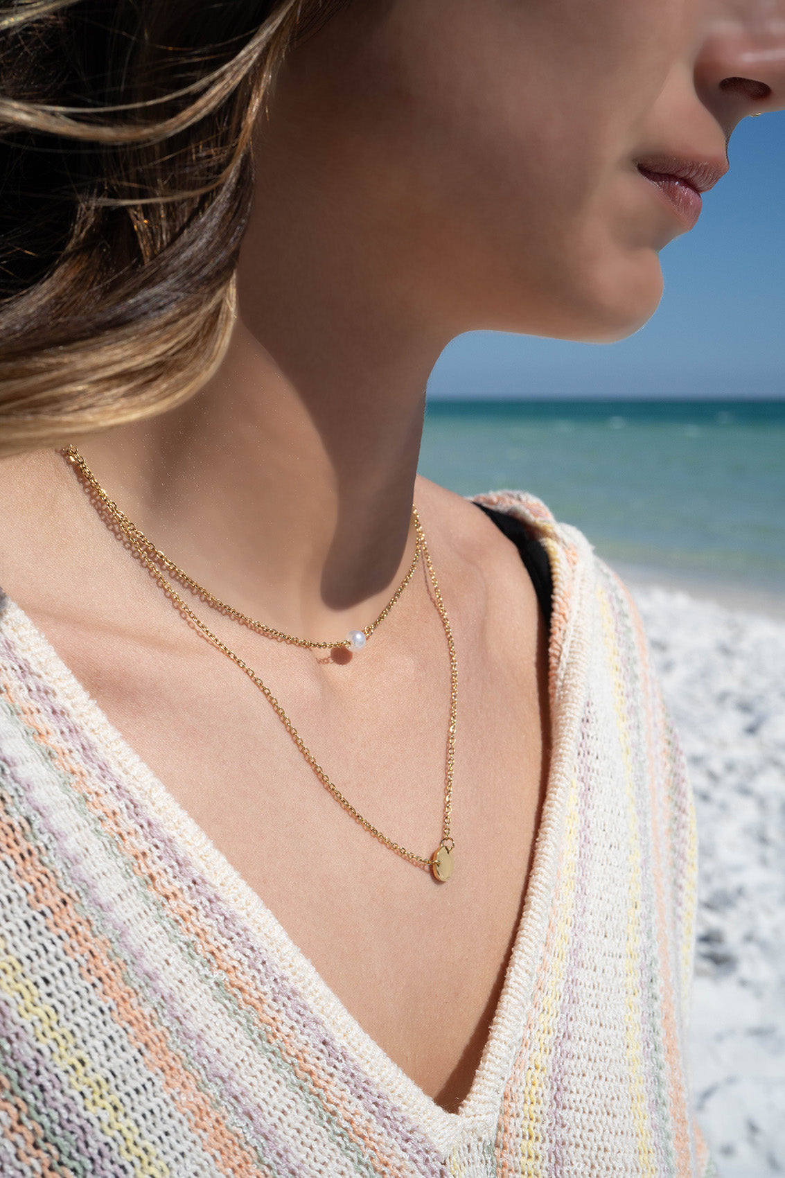 18K Gold PVD Stainless Steel Pearl and Blank Disk Layered Charm Necklace / CHN0004、mySite、dreamappss