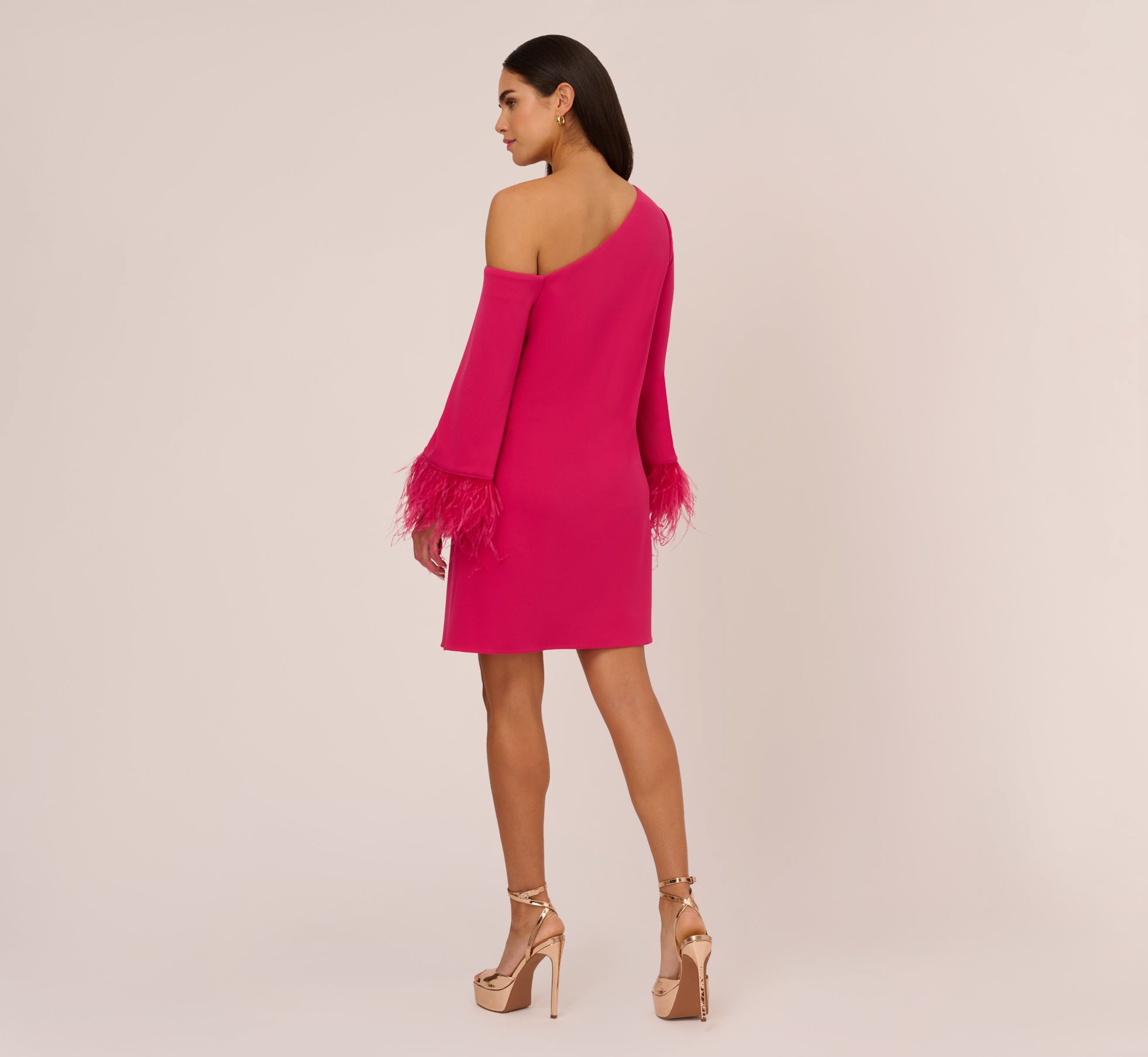 Knit Crepe One Shoulder Long Sleeve Dress With Feather Accents In Bright Rose、mySite、solidvoid