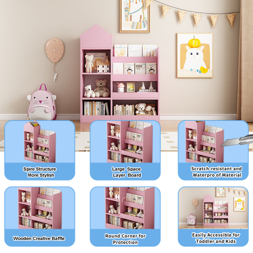 Pink Kids Wooden Bookshelf Toy Storage Organizer with Bookcase, Kid's Bin Storage Unit with 6 Compartments 2 Baskets Bins Toys Box Organizer, Children Multi Shelf Cubby for Books, Toys Shelf、、casual