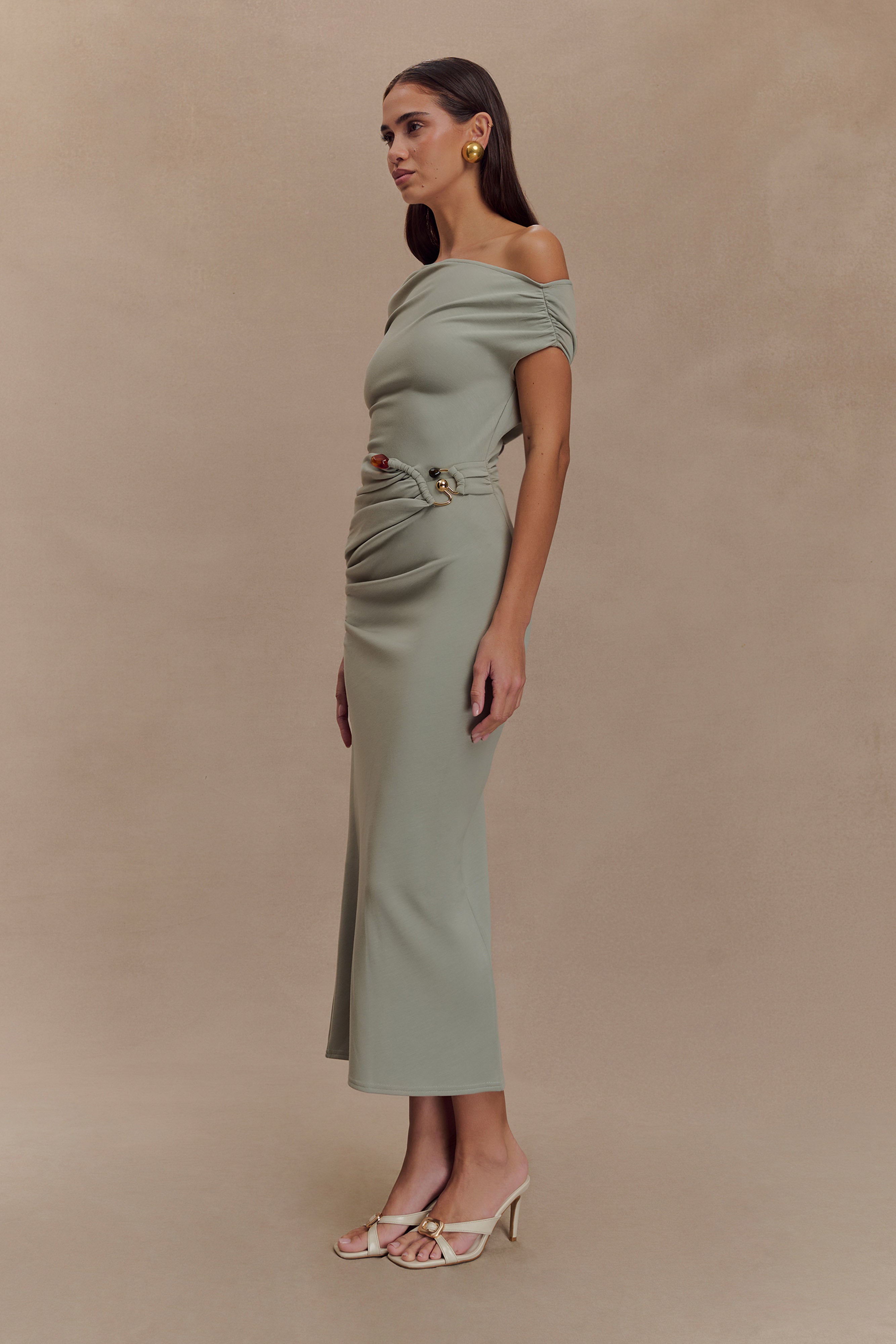 Kendra Scuba Jersey Midi Dress With Hardware - Sage、mySite、solidvoid