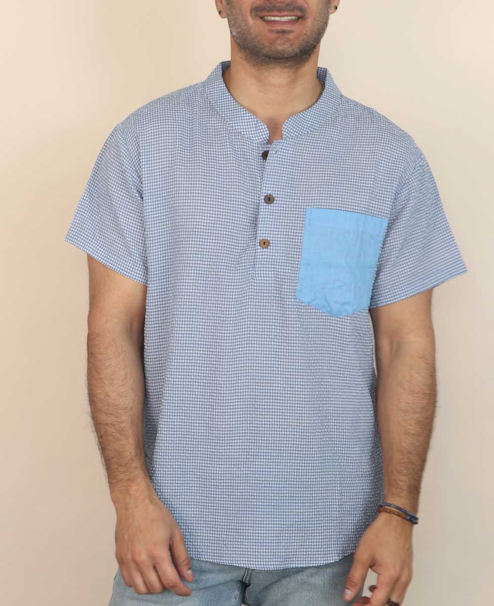 Men's Button Up Kurta Shirt With Solid Pocket、mySite、topwebapps
