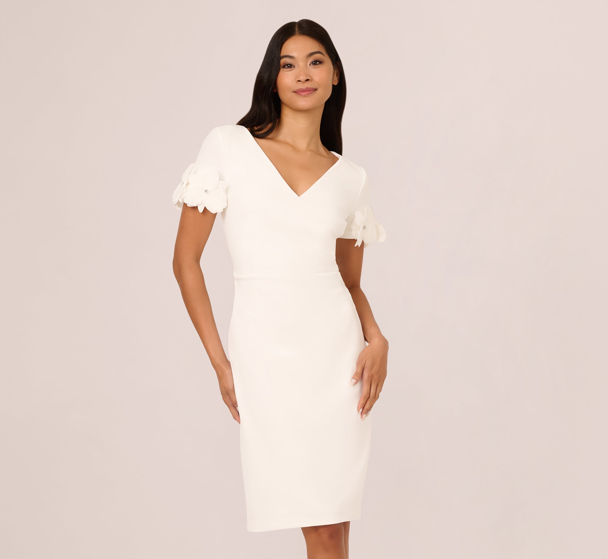 Crepe Faux Wrap Sheath Dress With Floral Accent Short Sleeves In Ivory、mySite、solidvoid
