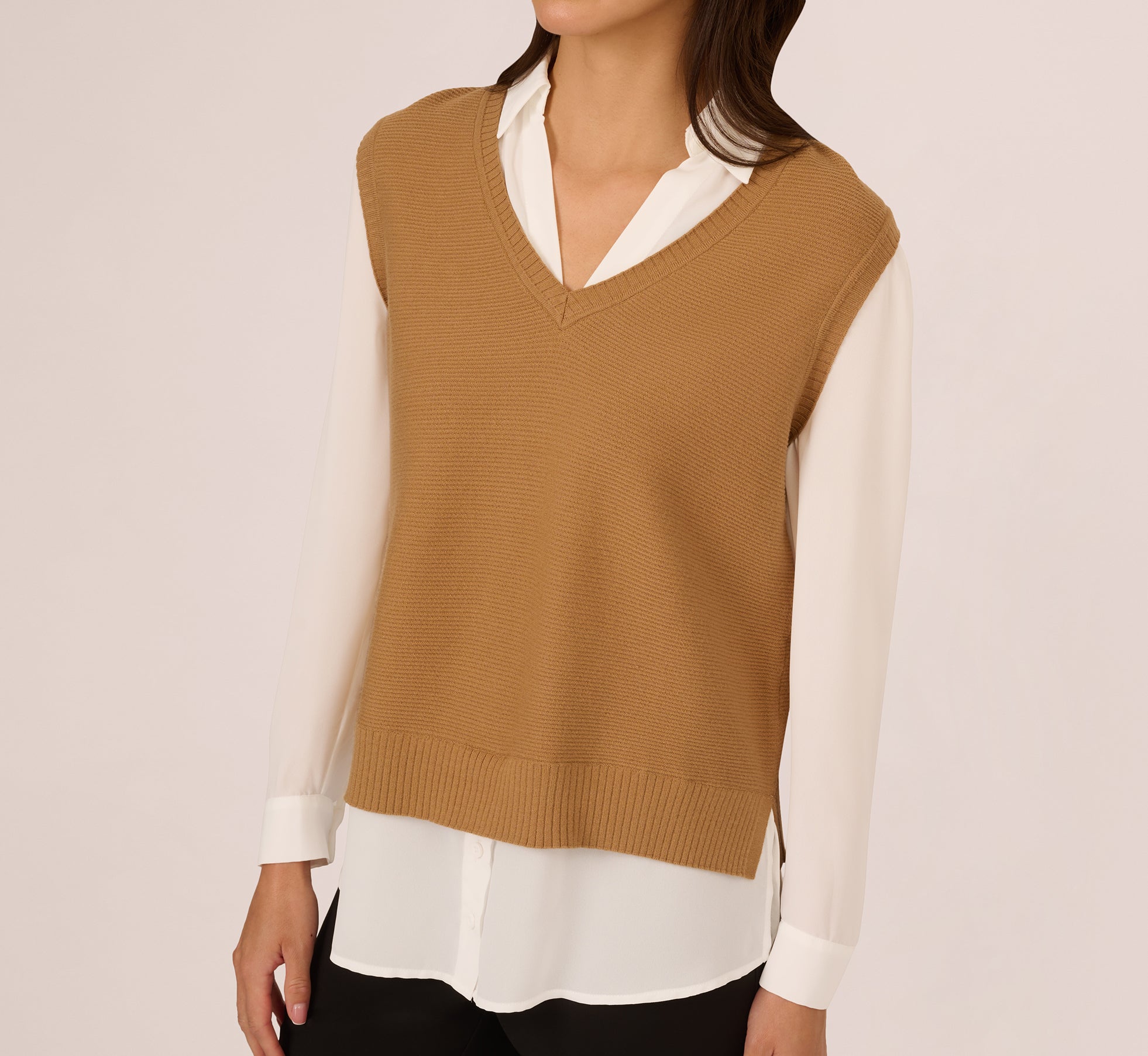Sweater Vest Collared Twofer Shirt In Camel Ivory、mySite、solidvoid