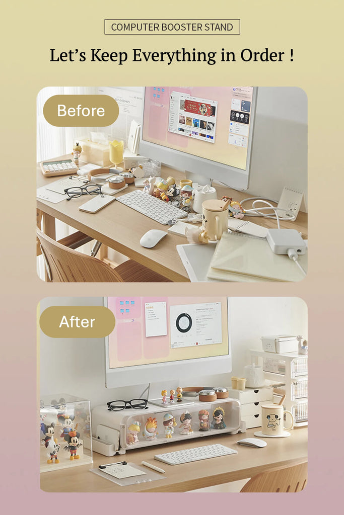 FigPalace monitor riser transforms a cluttered desk into a clean, organized workspace.
