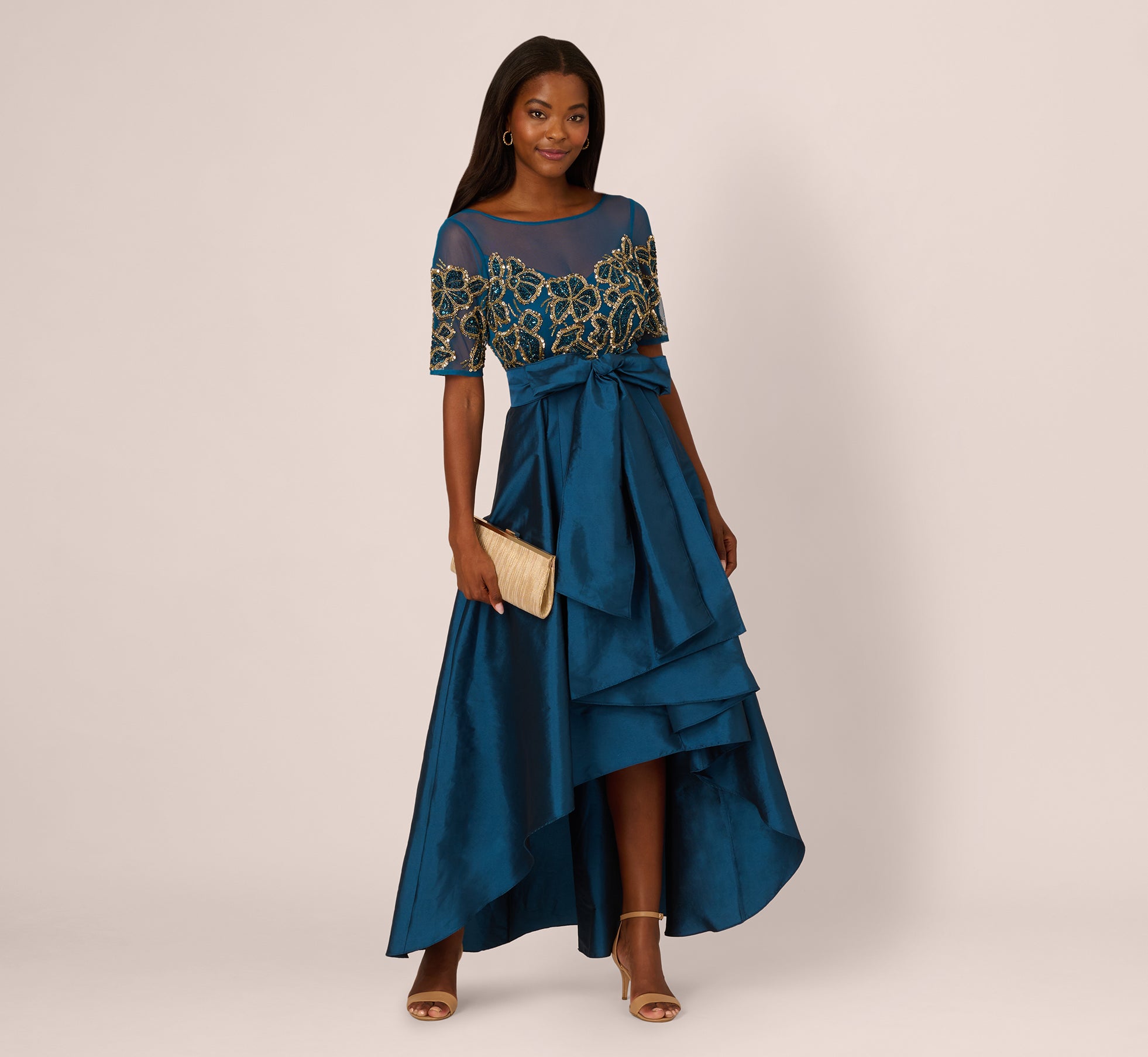 Bead Taffeta High Low Long Dress In Teal Sapphire Gold、mySite、solidvoid