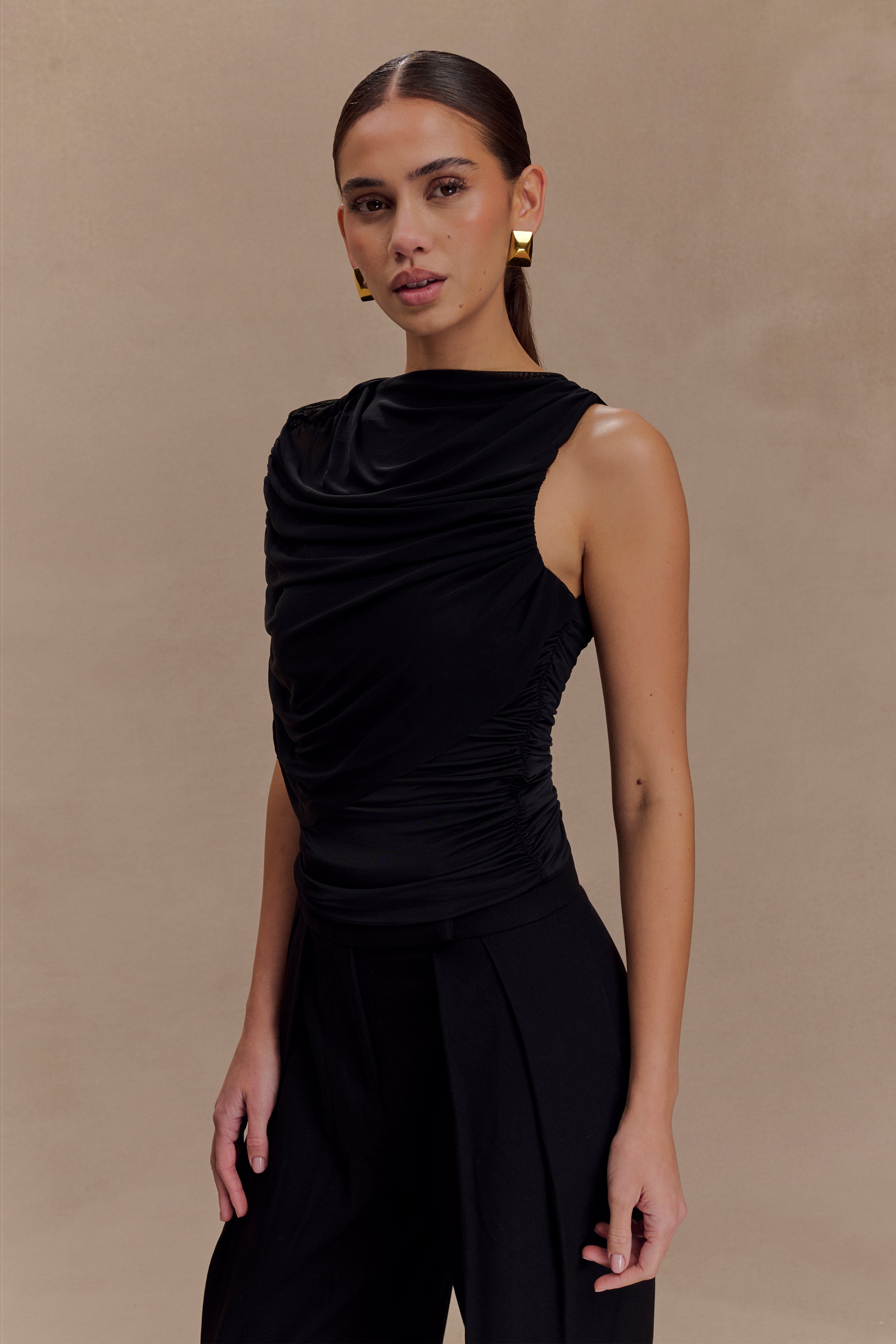 Pruedance Slinky Draped Top With Mesh Overlay - Black、mySite、solidvoid