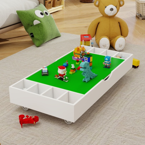 The 2 in 1 Rollaway Play Table and Toy Organizer Compatible with Lego Suitable for Storing Under Bed or Sofa-White (38" x 18.7" x 5.9")、、casual