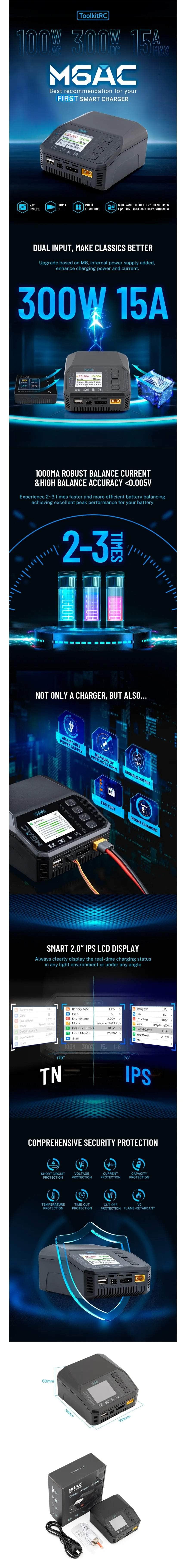 ToolkitRC M6AC 300W 15A 1-6S AC Charger - XT60