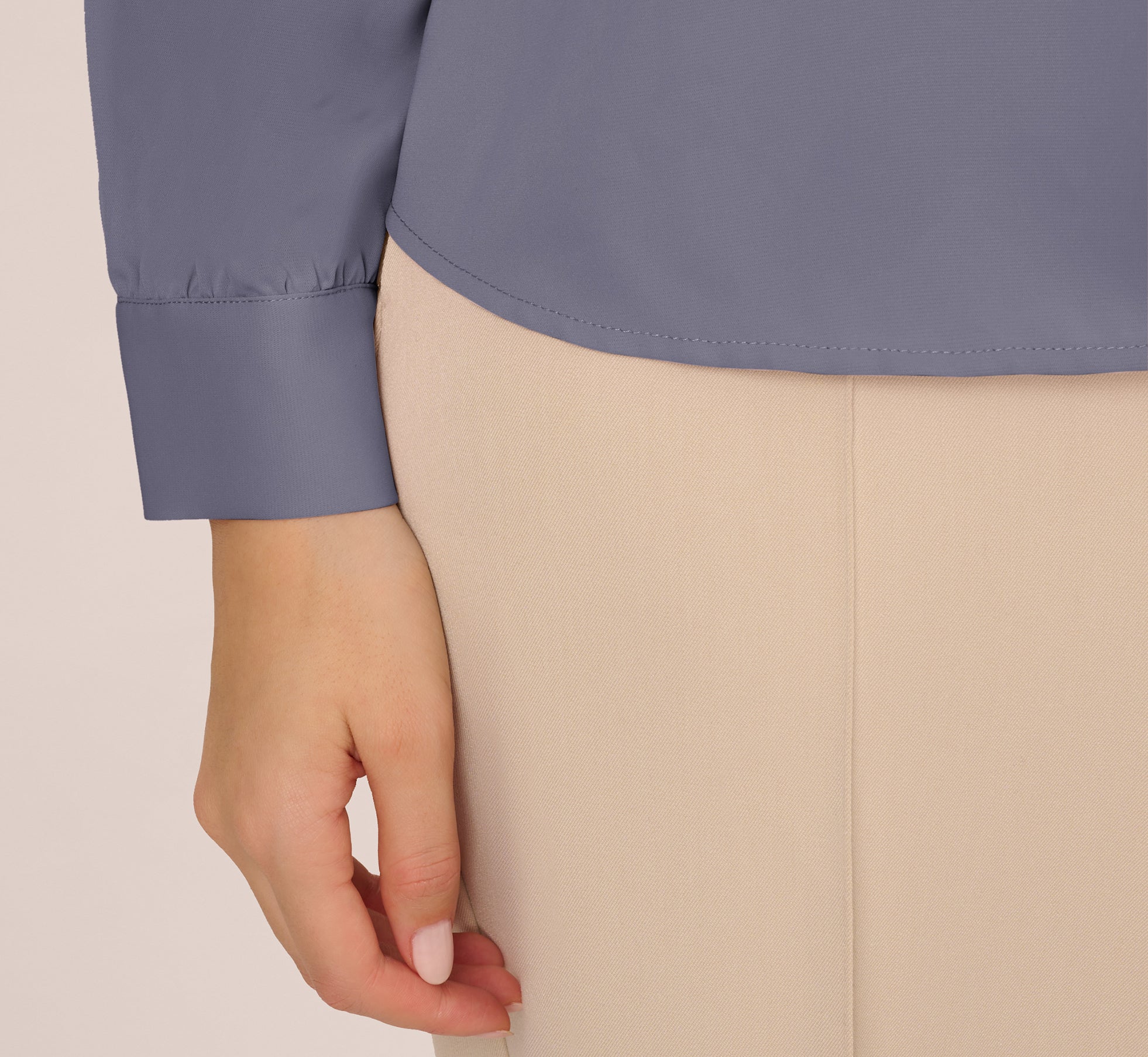 Long Sleeve Embellished Tie Collar Blouse In Dusty Blue、mySite、solidvoid