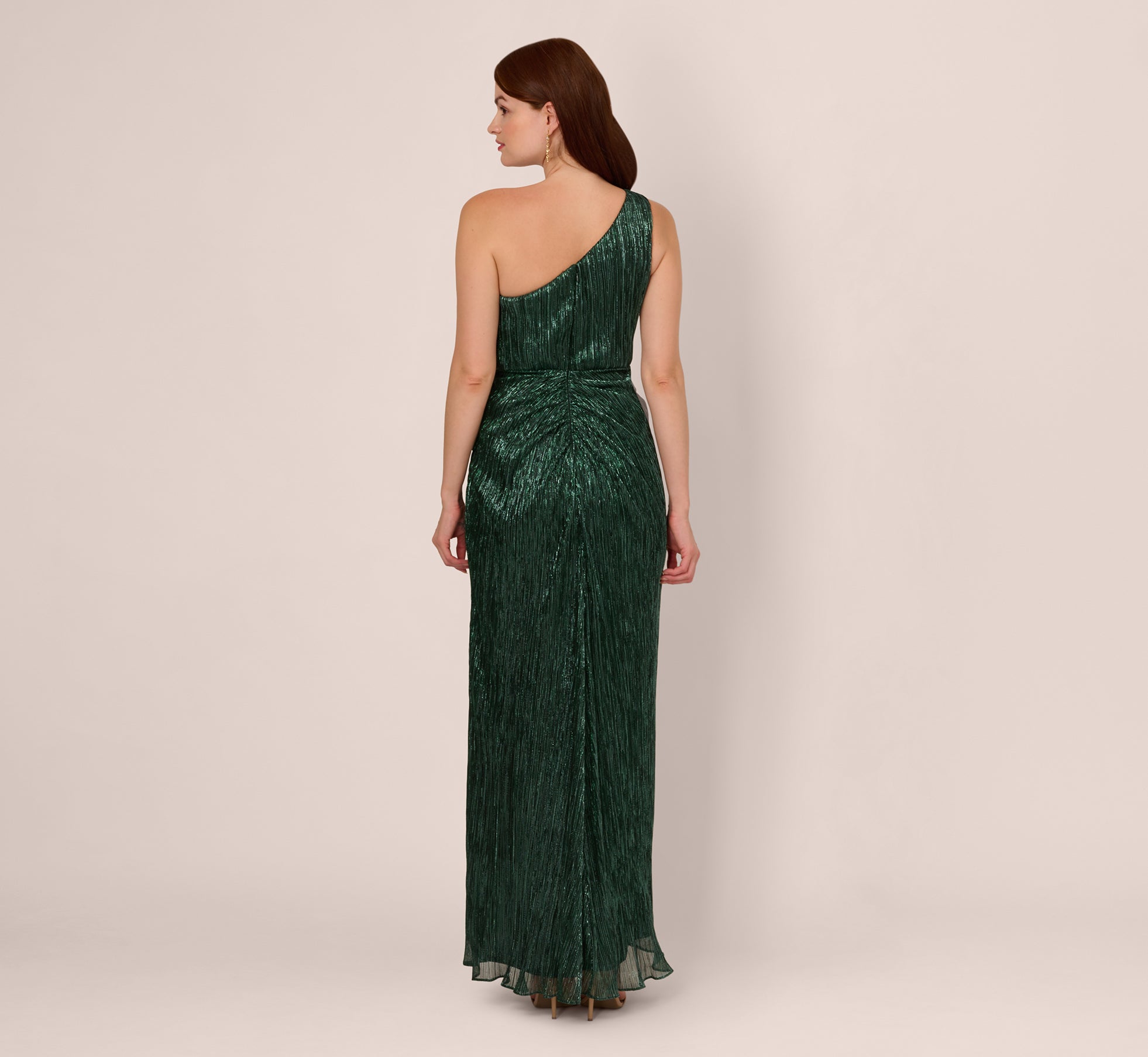 Stardust Pleated Draped One Shoulder Gown In Green Pine、mySite、solidvoid