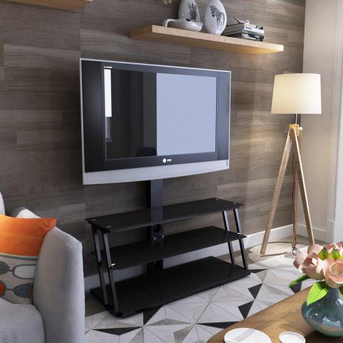 Black Multi-Function Angle And Height Adjustable Tempered Glass TV Stand、、casual
