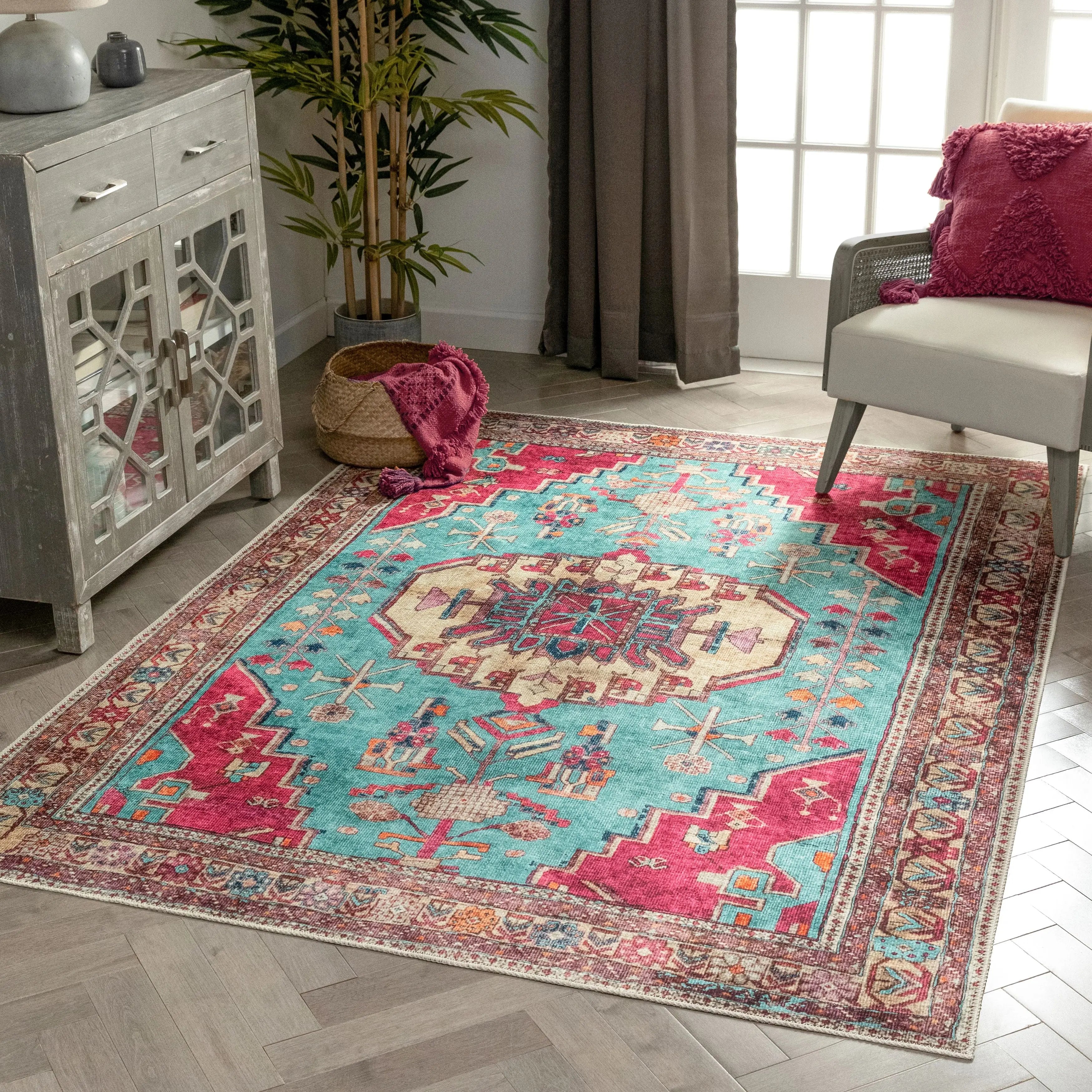 Shasta Machine Washable Vintage Bohemian Medallion Persian Blush Turquoise Flat-Weave Distressed Rug、mySite、gigharbornorthrealestate