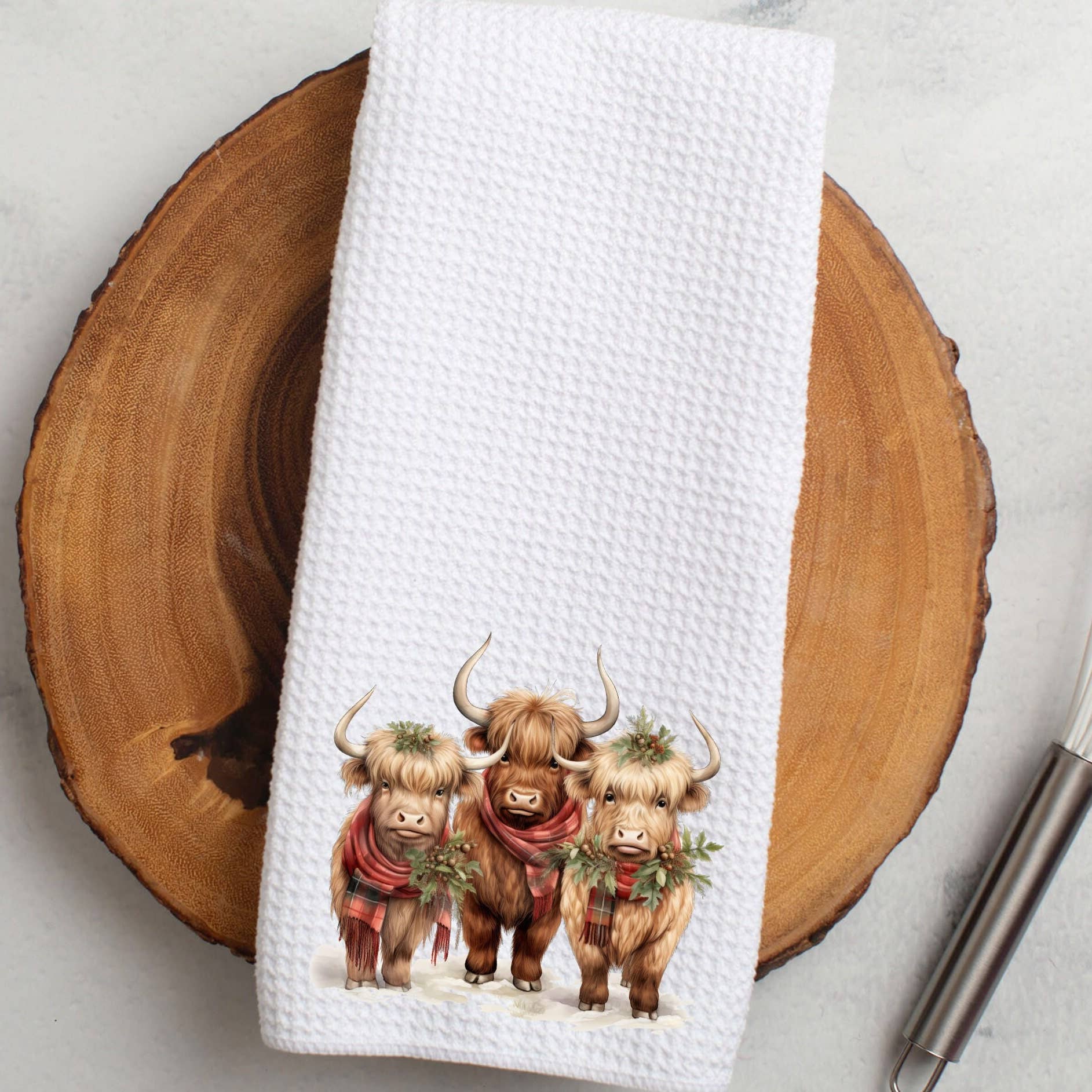 Highland Cow Trio Holiday Waffle Knit Ranch Farmhouse Kitchen Towel、mySite、g9winljtr
