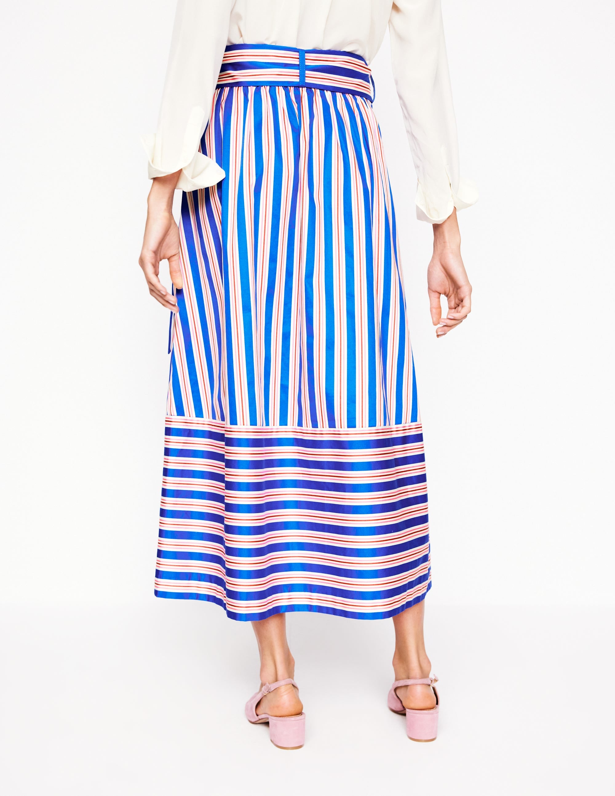  Tie Belt Sateen Midi Skirt-Blue and Terracotta Stripe、mySite、ashleygrahame