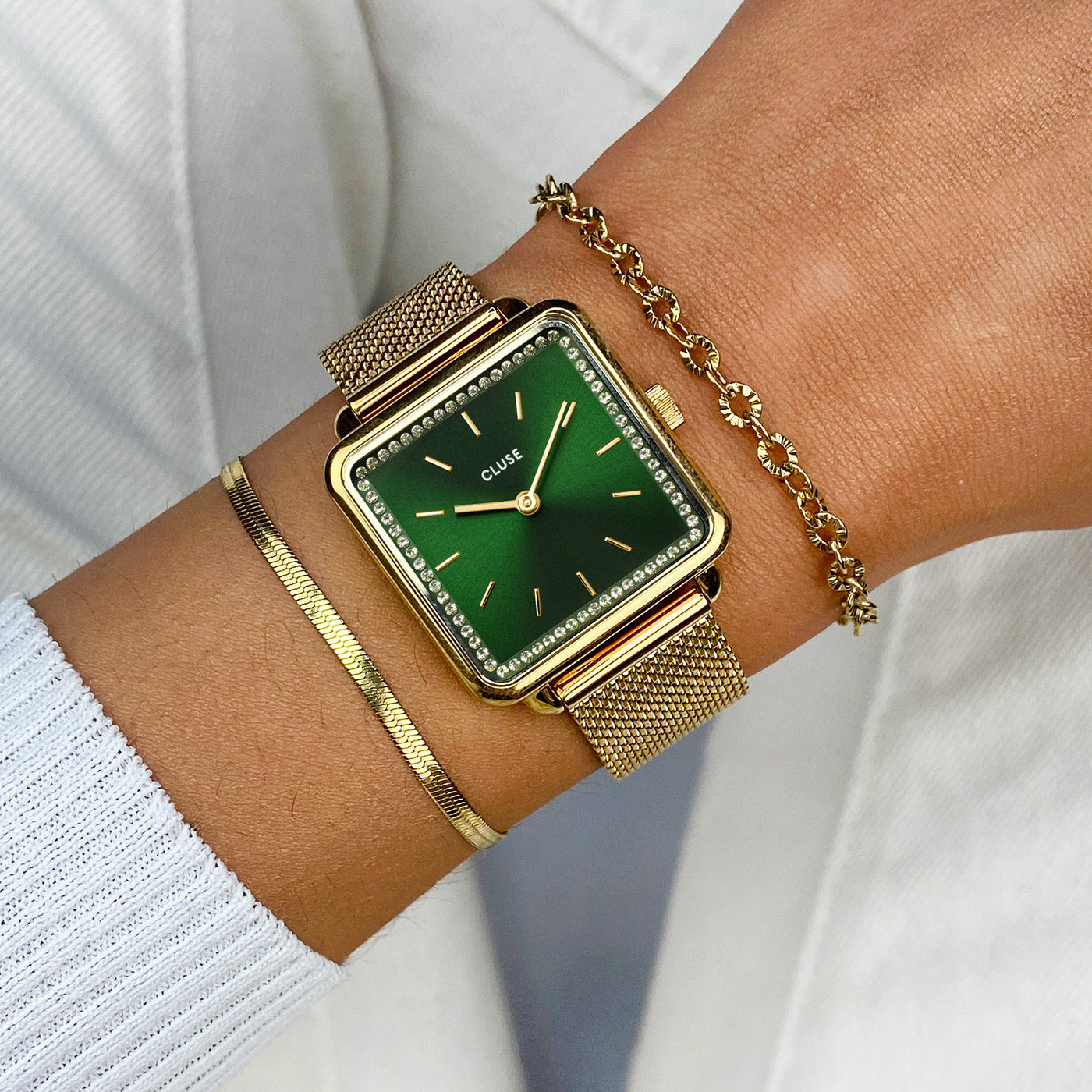 La Tétragone Watch Mesh Rhinestones Green, Gold Colour、mySite、botmansion