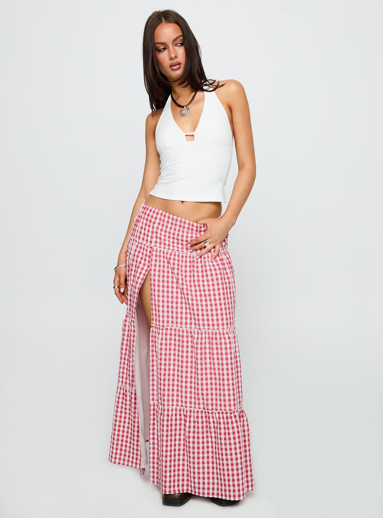 Ilaina Tiered Maxi Skirt Red Check、mySite、solidvoid